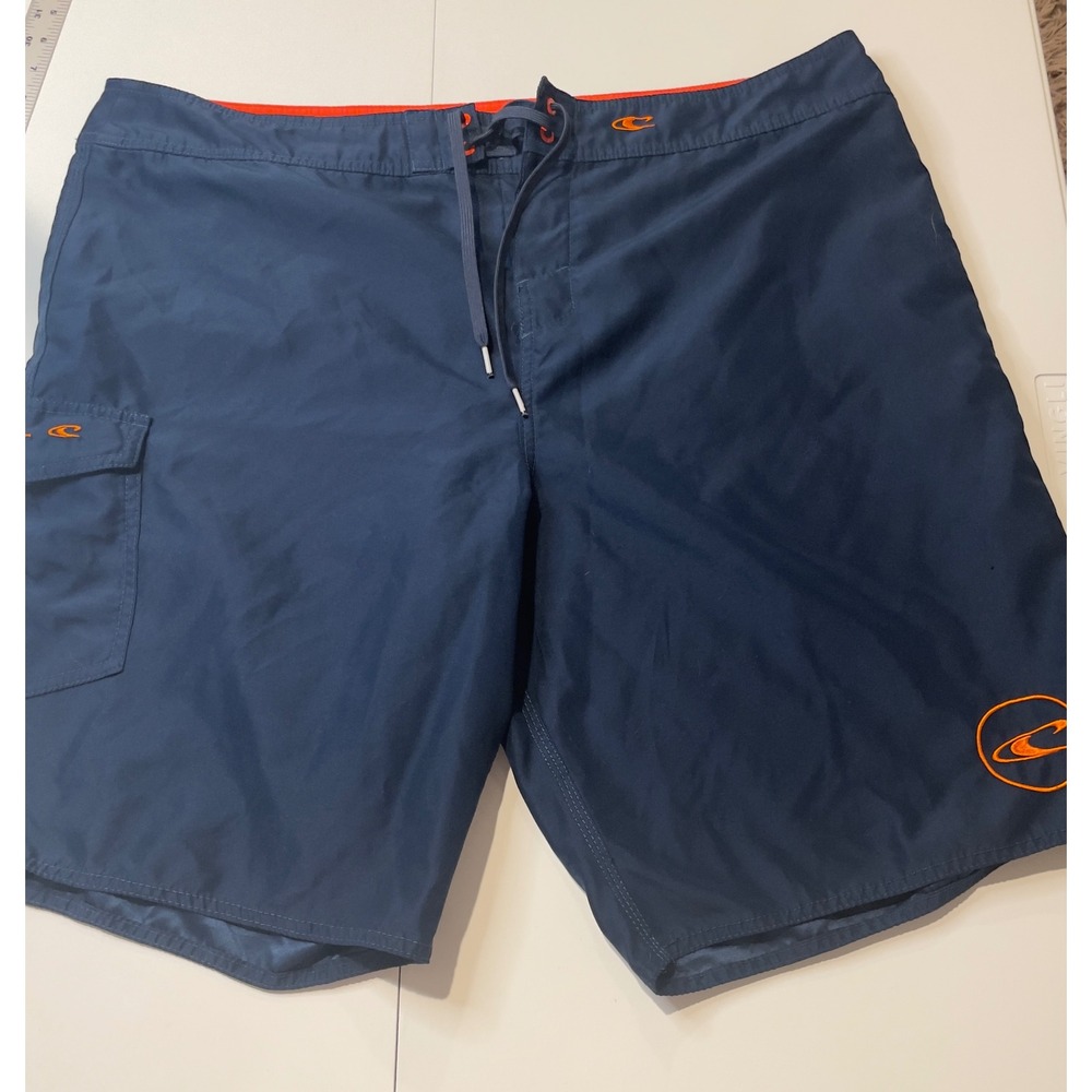 O'Neill Mens Navy Blue Orange Logo Cargo Pocket Board Shorts Swim Trunks Size 40